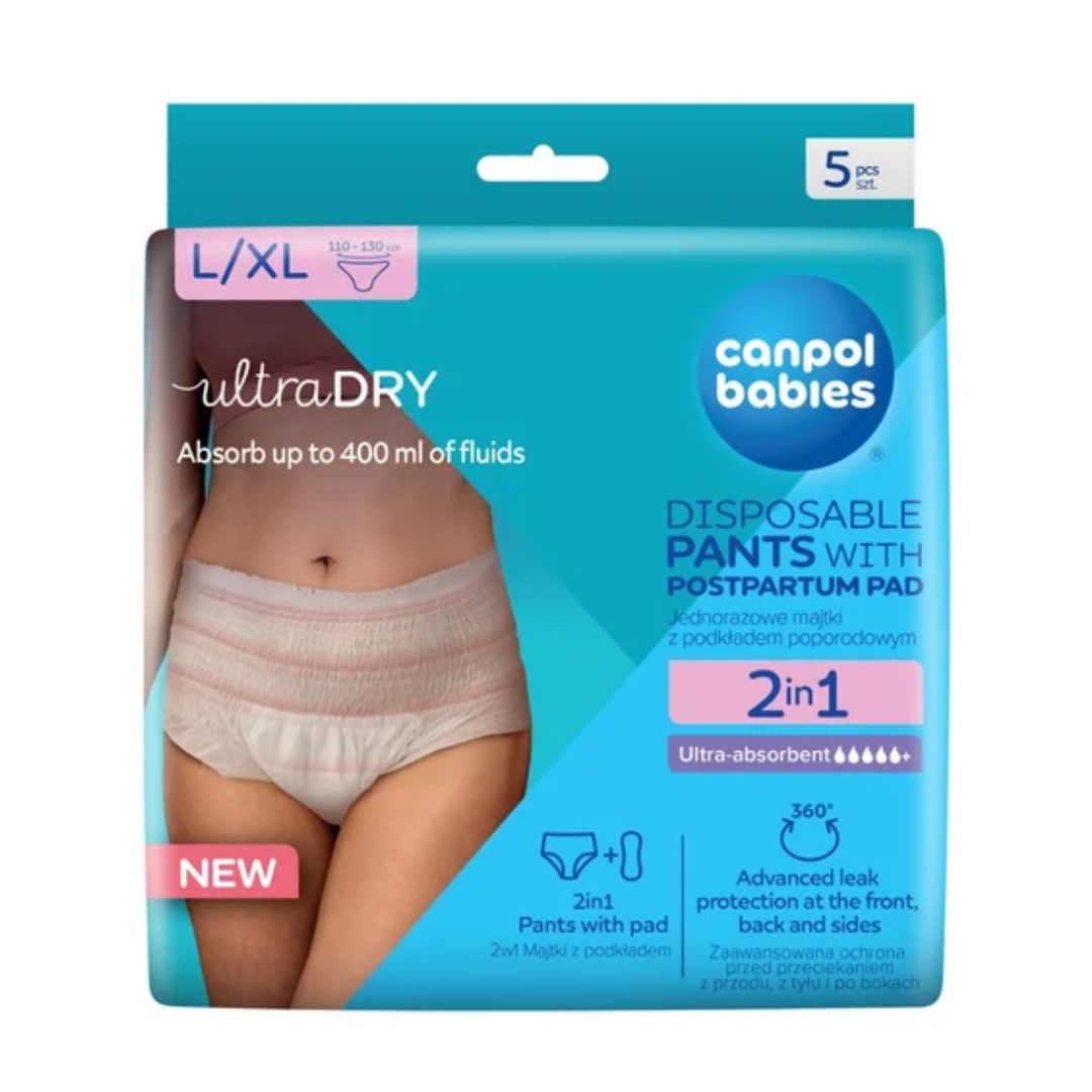 Oddychające i ultrachłonne jednorazowe majtki 2w1 z podkładem poporodowym L/XL Canpol