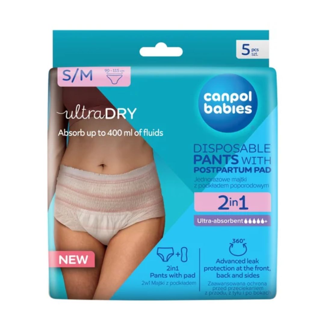 Oddychające i ultrachłonne jednorazowe majtki 2w1 z podkładem poporodowym S/M Canpol